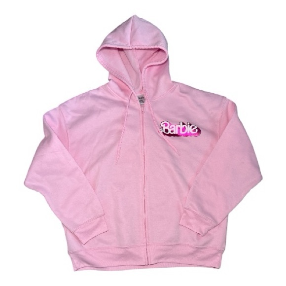 Mattel Juniors Barbie Pink Girls Zip Hoodie Metallic Print XL 15-17 - Picture 2 of 11